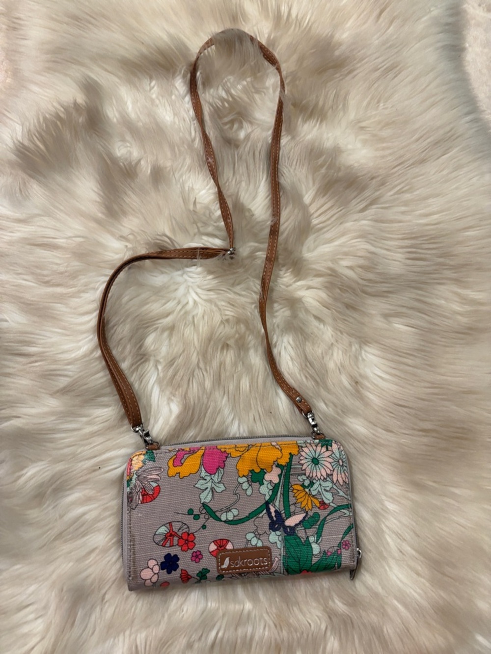 Sakroots Floral Crossbody Wallet - Brown Strap with Multicolor Floral Print
